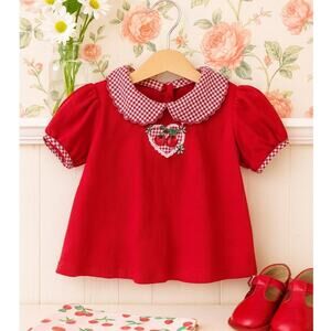 Vintage 1980s Healthtex Red Cherry Gingham Cottagecore Toddler Blouse | Size 5